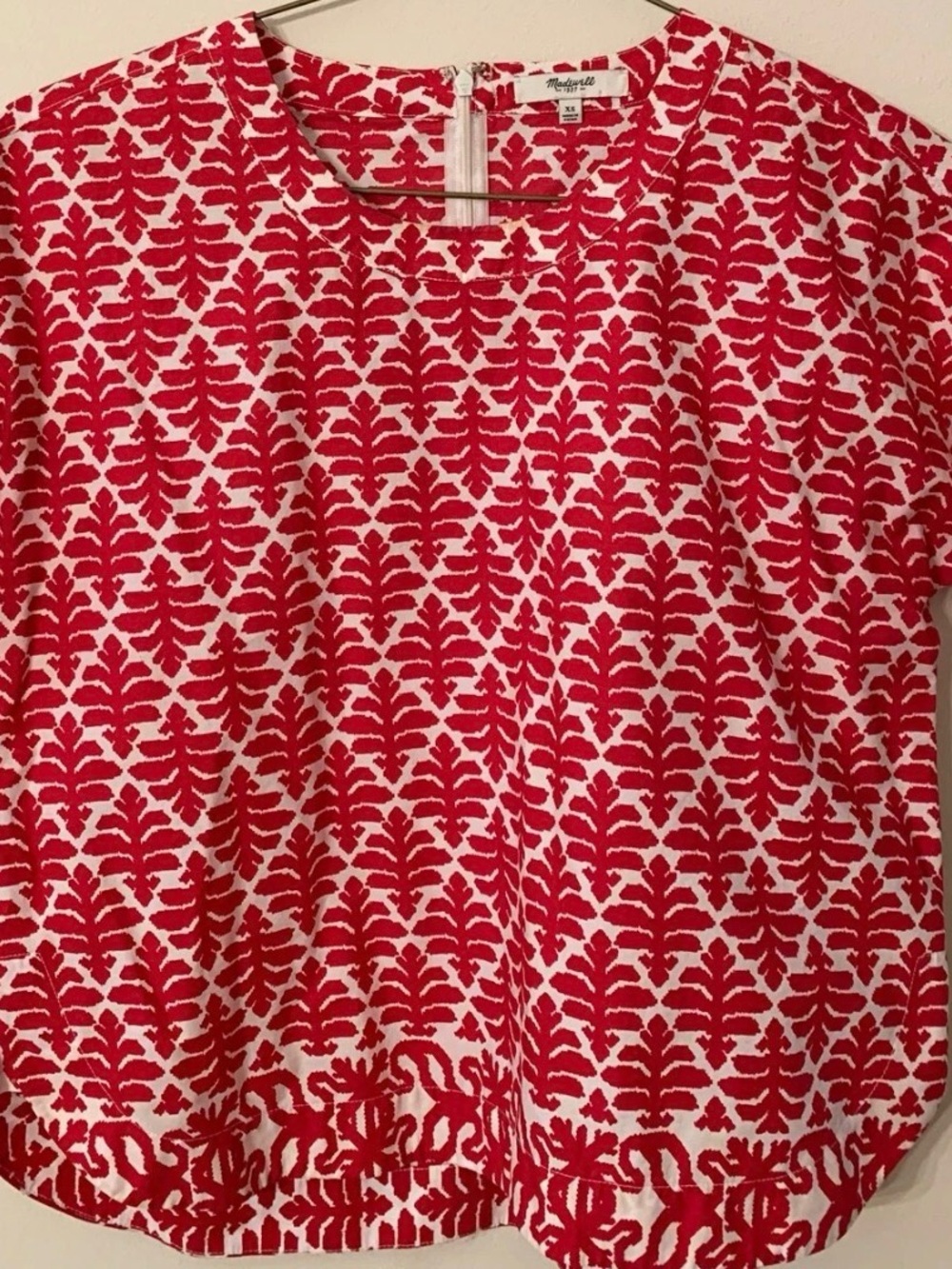 Madewell White Blouse with Bright Pink-Red Leaf Pattern